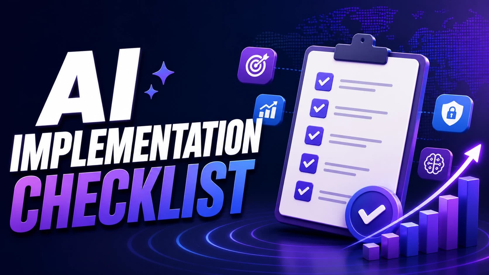 AI implementation checklist tool banner with roadmap checklist, growth chart, and AI strategy planning visual.