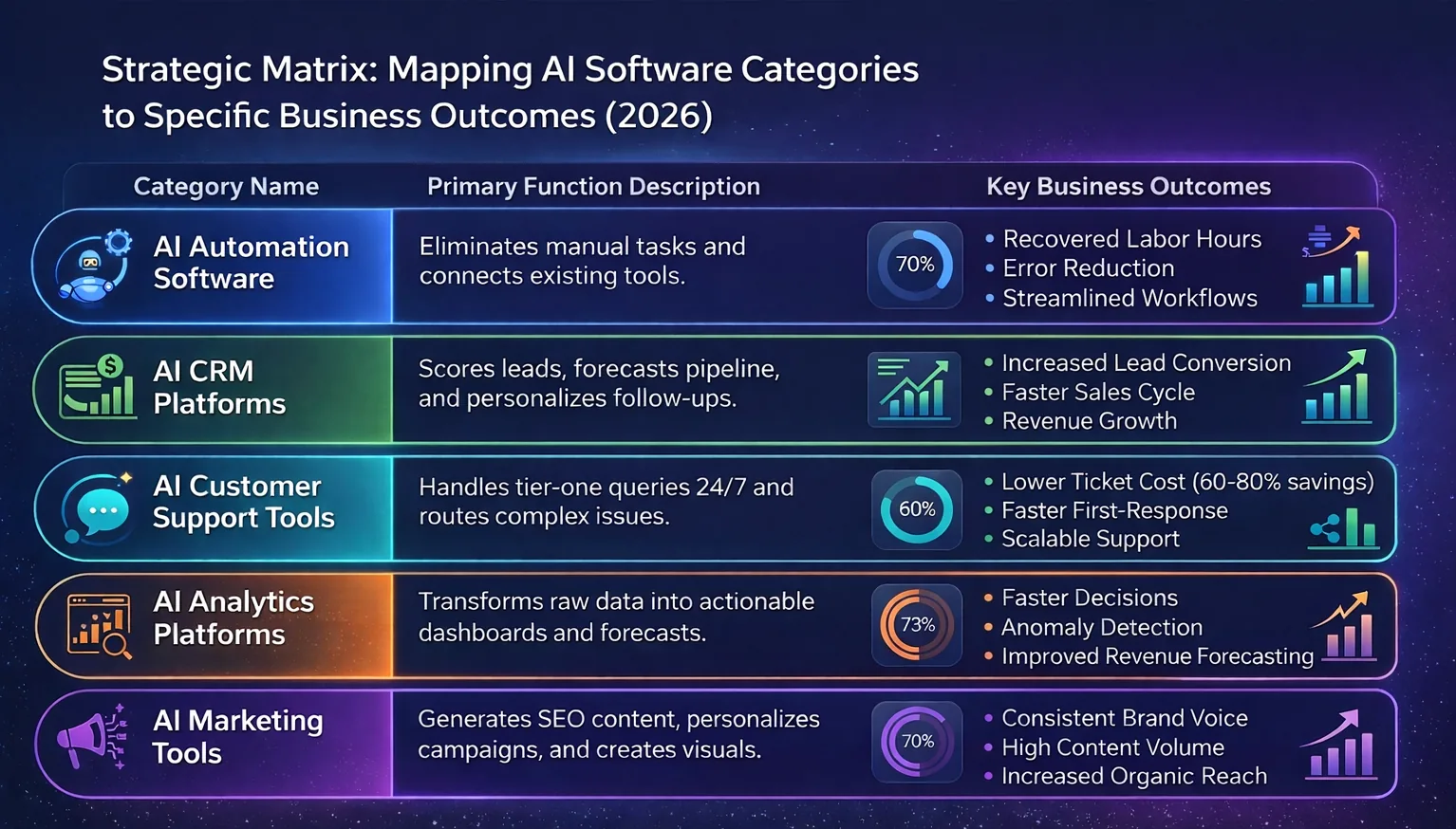 Strategic matrix for small business AI software selection showing categories like CRM, Automation, and Analytics with business outcomes.