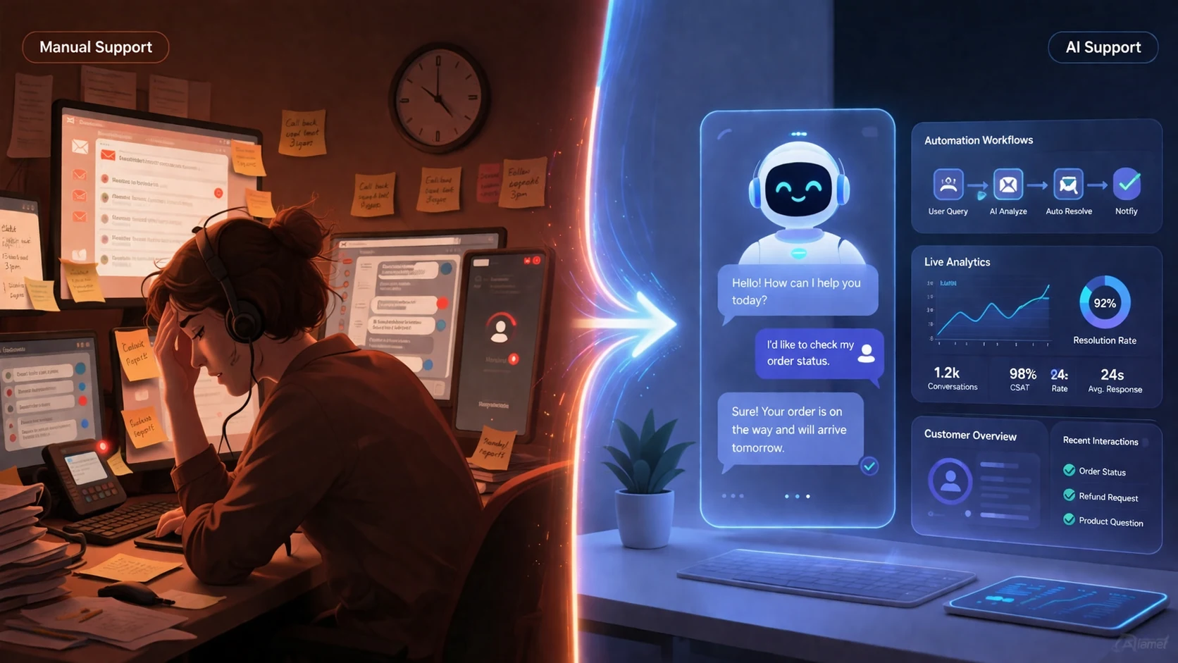 A visual contrast showing a stressed agent handling manual support versus a streamlined AI support workflow with live analytics and 92% resolution rate.