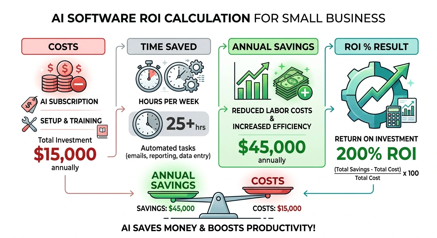 Detailed diagram of AI software ROI calculation showing annual savings and cost breakdown for business