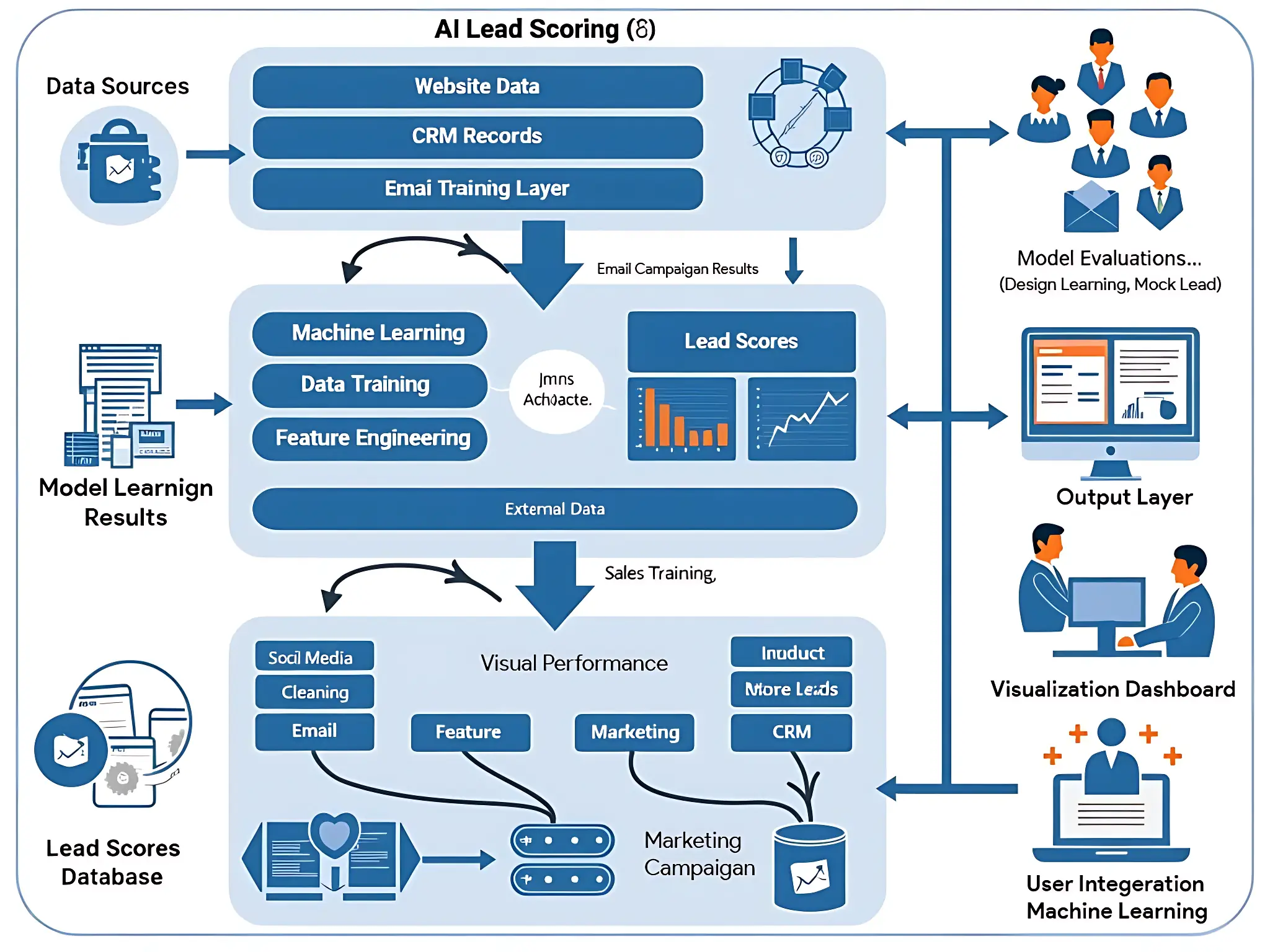 A technical flowchart of AI lead scoring architecture showing data sources, machine learning training layers, lead score databases, and visualization dashboards for sales teams.