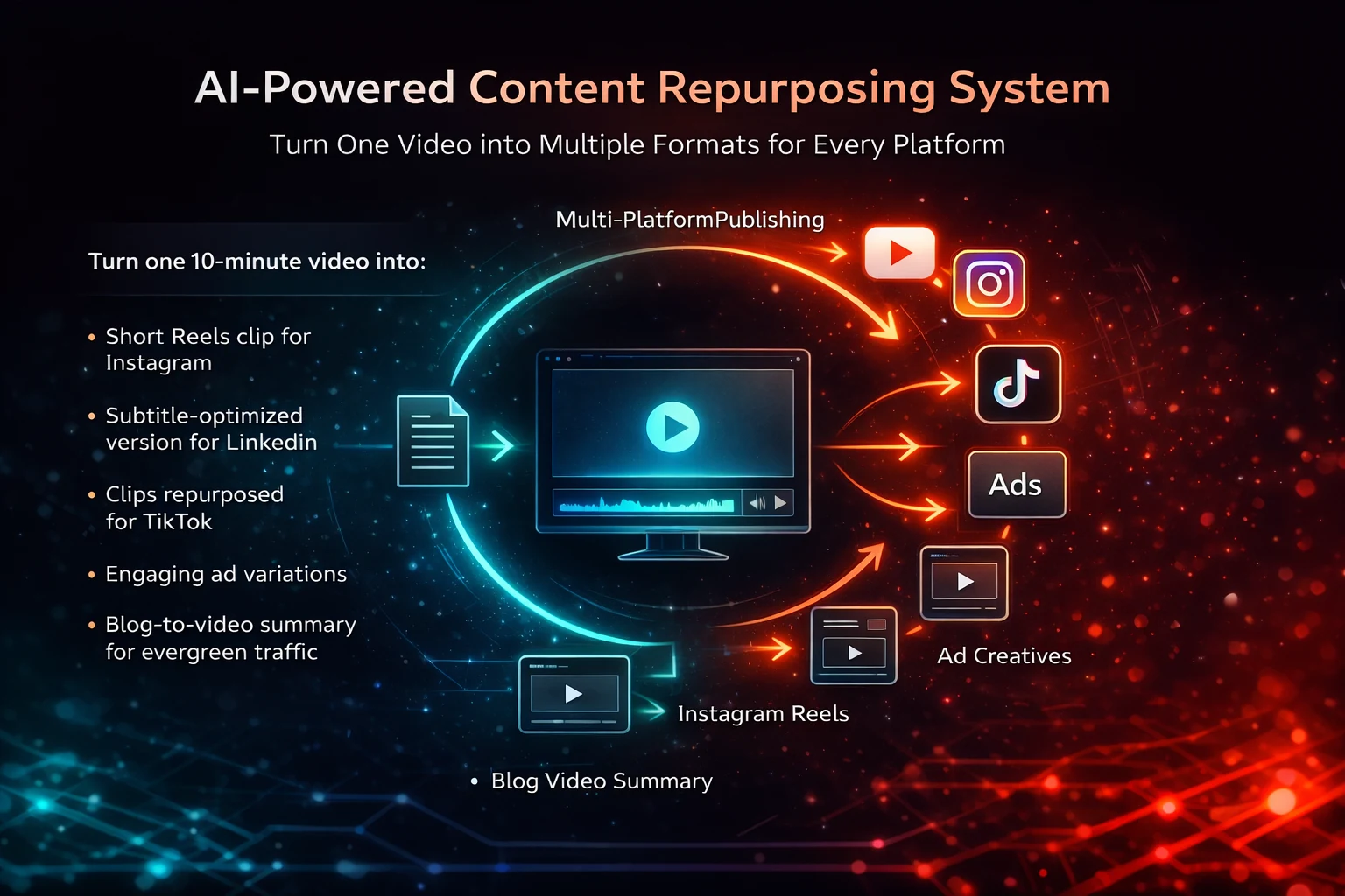 A circular infographic explaining how to turn one 10-minute video into multiple formats like Reels, LinkedIn clips, TikToks, and blog summaries using an AI repurposing system.