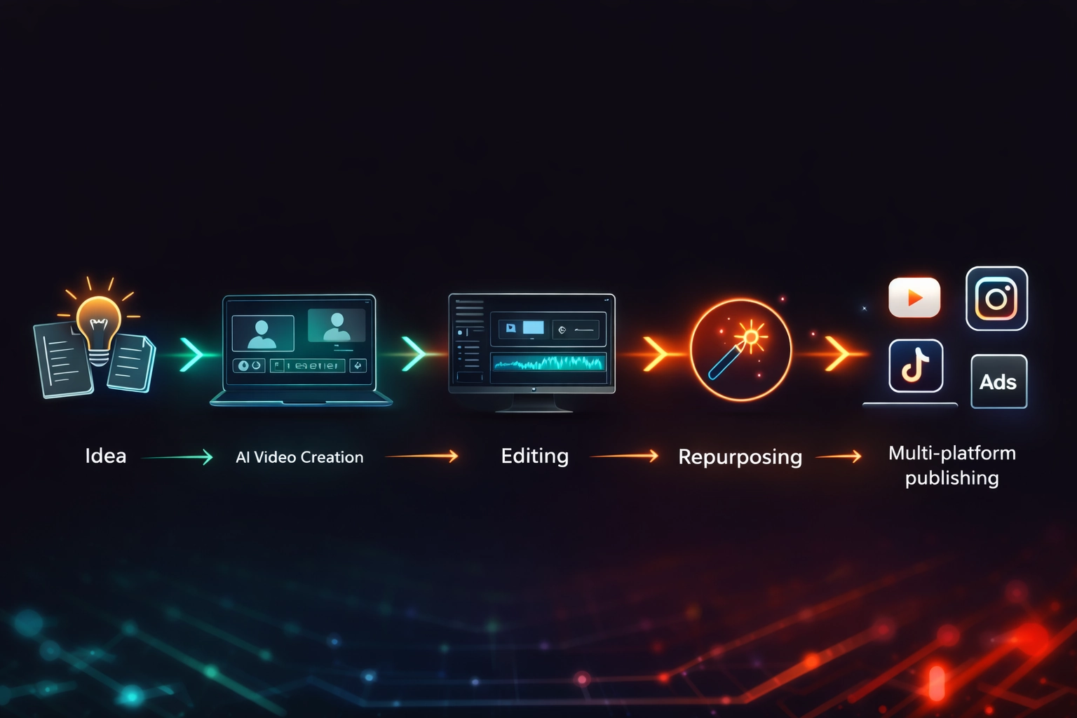 A horizontal workflow diagram showing 5 stages: Idea, AI Video Creation, Editing, Repurposing, and Multi-platform publishing to YouTube, Instagram, TikTok, and Ads.