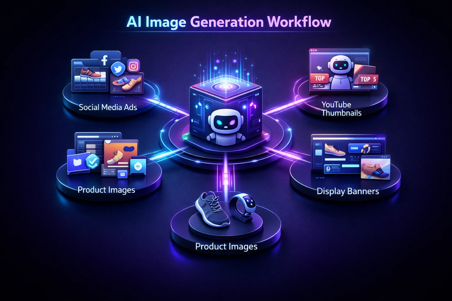 A central AI processing hub distributing generated assets into Social Media Ads, YouTube Thumbnails, Product Images, and Display Banners.