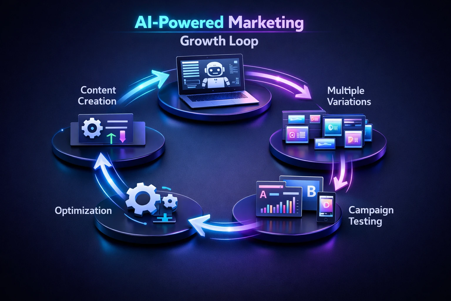 A circular 4-stage marketing loop showing Content Creation, Multiple Variations, Campaign Testing, and Optimization using AI tools.