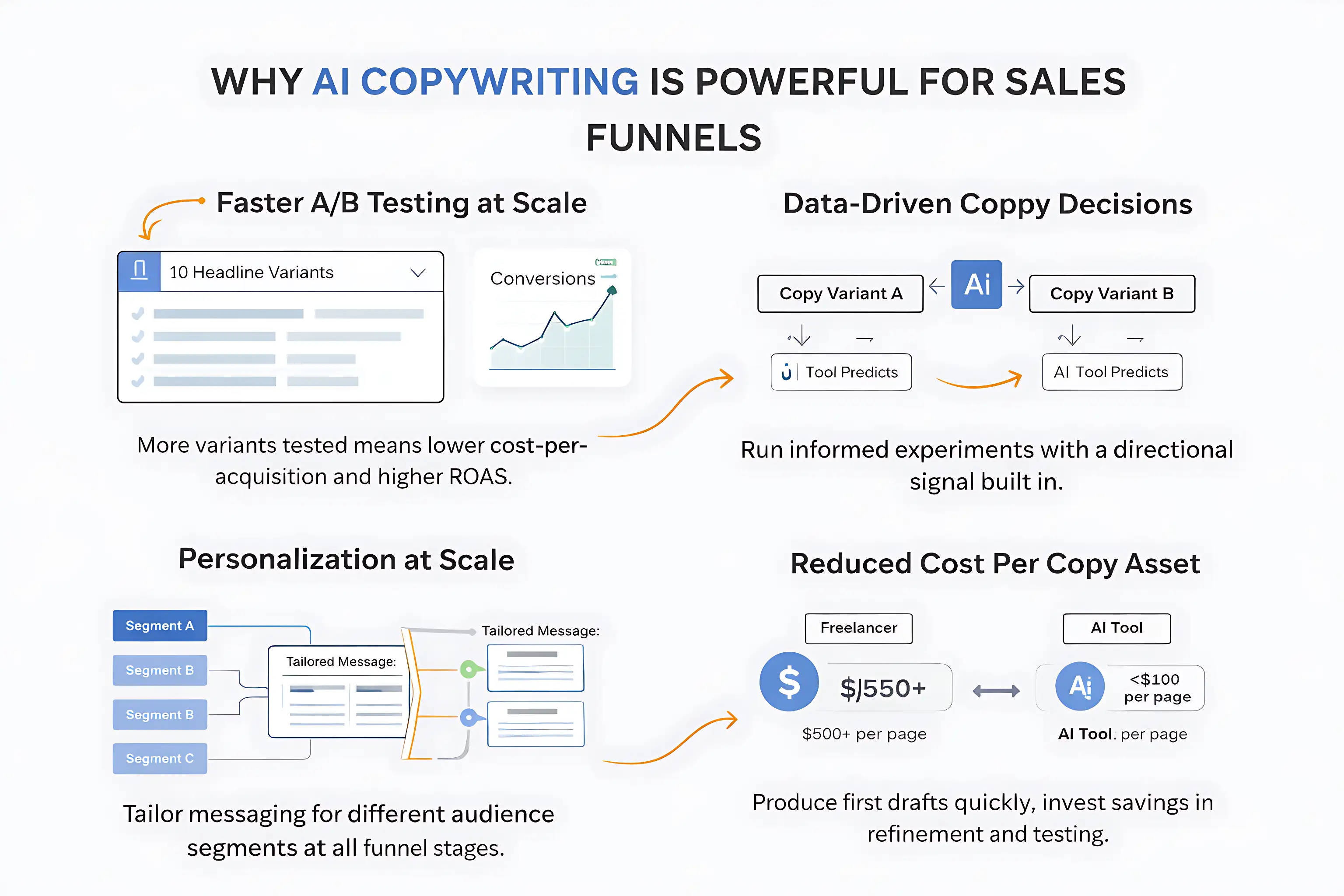 A 4-quadrant infographic explaining why AI copywriting is powerful, featuring: Faster A/B testing, Data-driven copy decisions, Personalization at scale, and Reduced cost per copy asset.