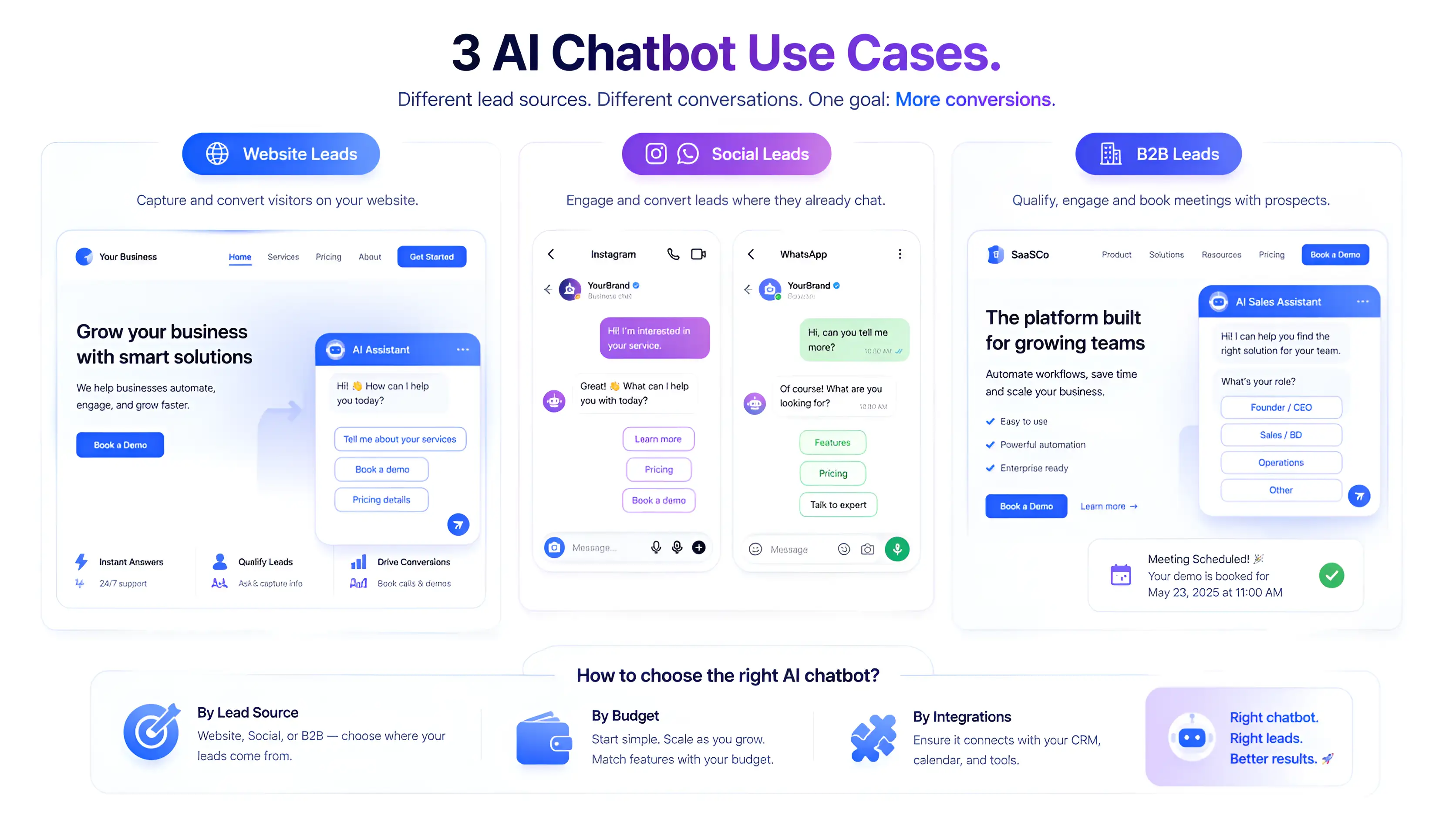 An infographic showing three AI chatbot use cases: Website Leads for capturing visitors, Social Leads for Instagram/WhatsApp engagement, and B2B Leads for booking meetings.