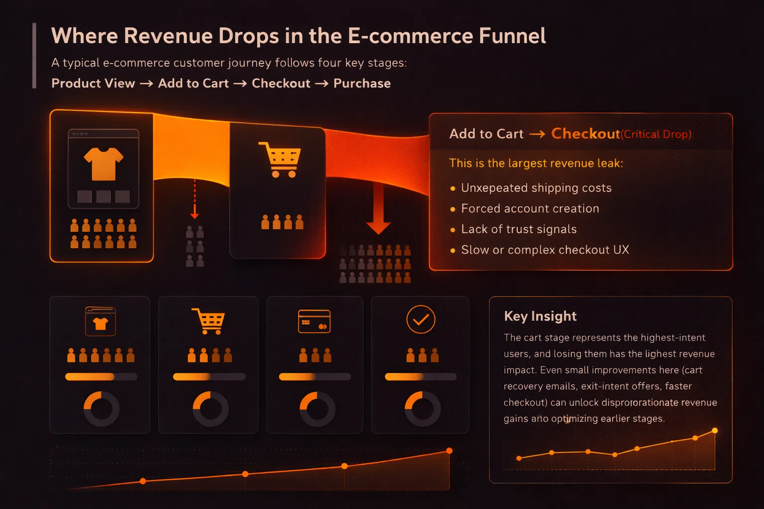E-commerce conversion funnel diagram showing revenue drop-off points from product view to purchase, highlighting cart abandonment