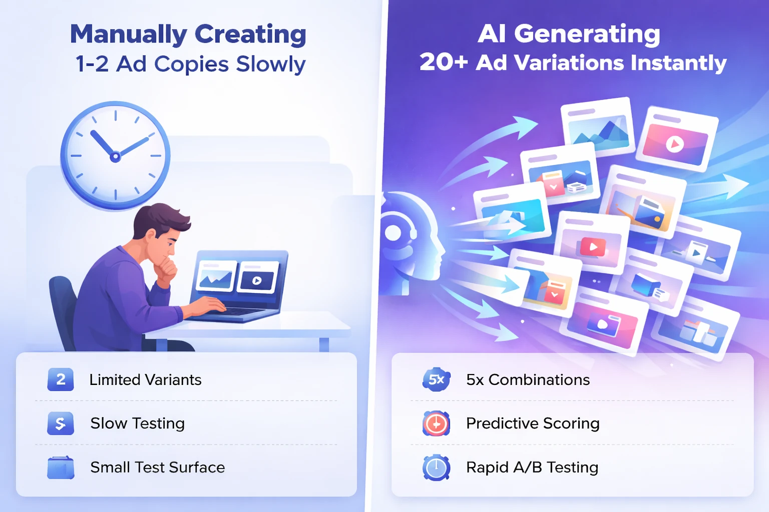 Comparison infographic showing manual ad copy creation vs AI generating 20 plus ad variations with predictive scoring and rapid A/B testing.