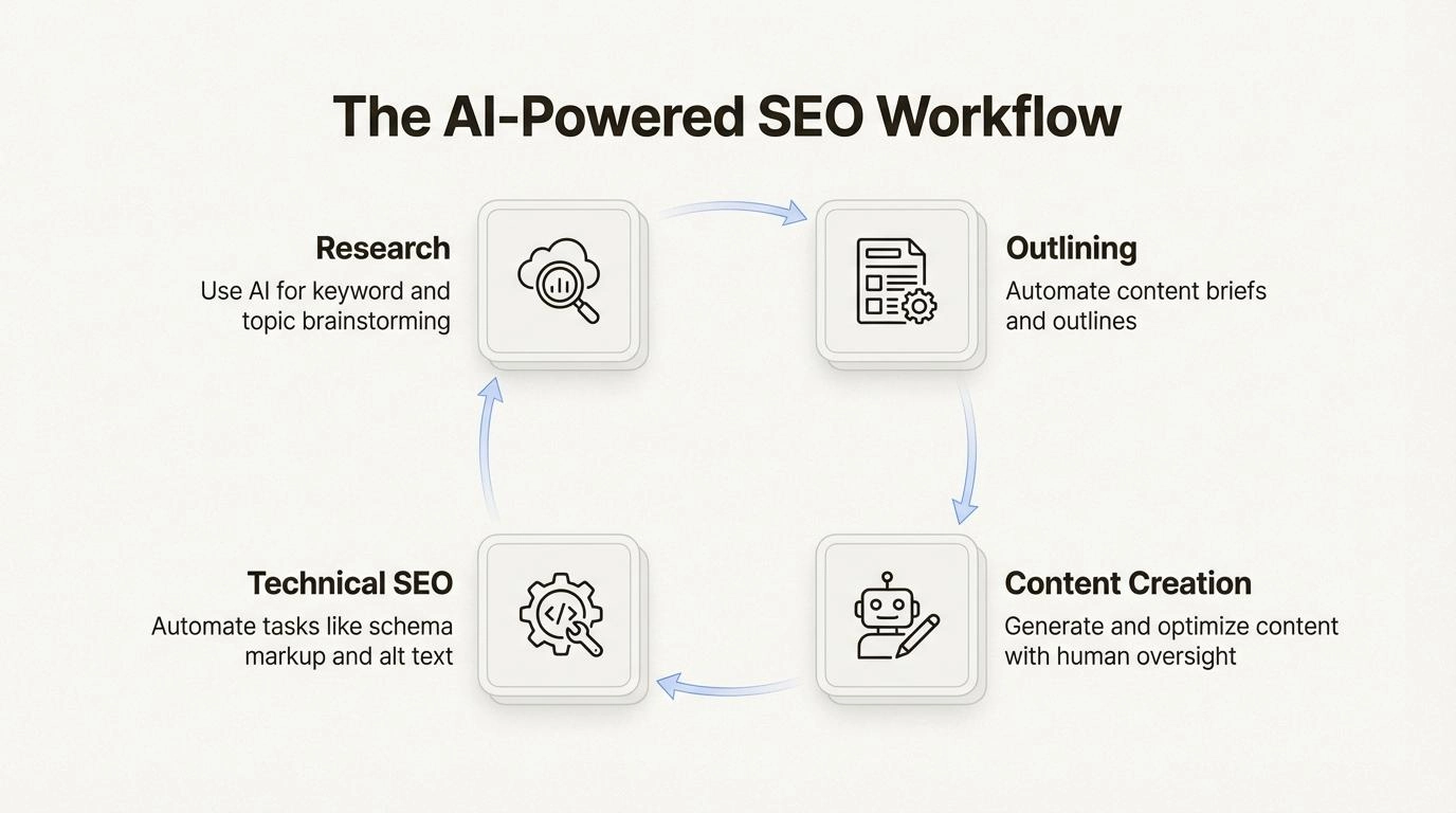 An infographic diagram showing the 4 stages of AI-powered SEO workflow: Research, Outlining, Content Creation, and Technical SEO.