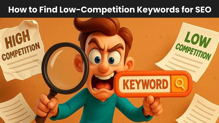 A 3D character with a magnifying glass comparing high competition and low competition keywords for SEO optimization.